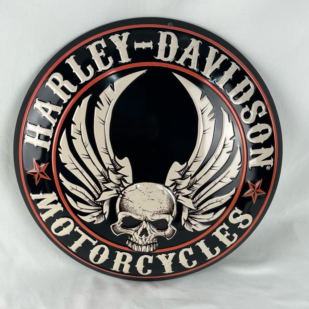 Harley-Davidson Flying Skull Button Round Tin Sign, 14 inch Black